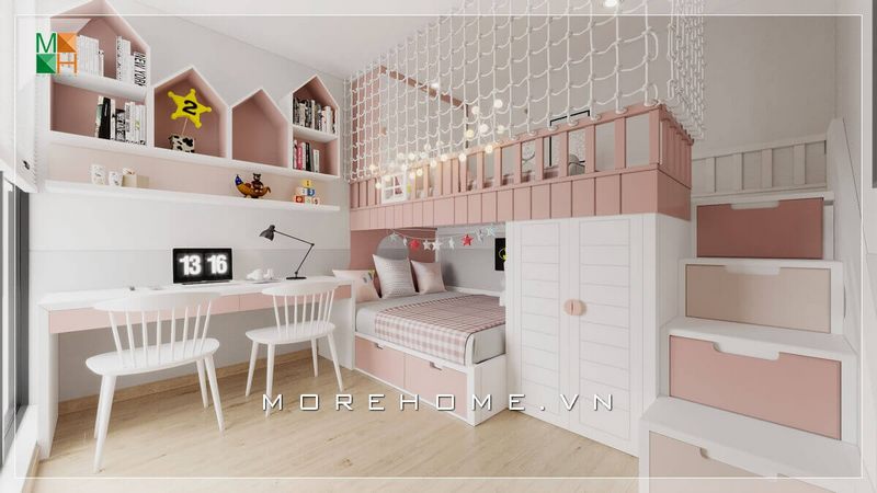 Mẫu thiết kế giường ngủ 2 tầng hiện đại mang lại sự tiện lợi cho bé. Nó được trang bị 2 màu chủ đạo là hồng và trắng, gây cảm giác dễ thương.