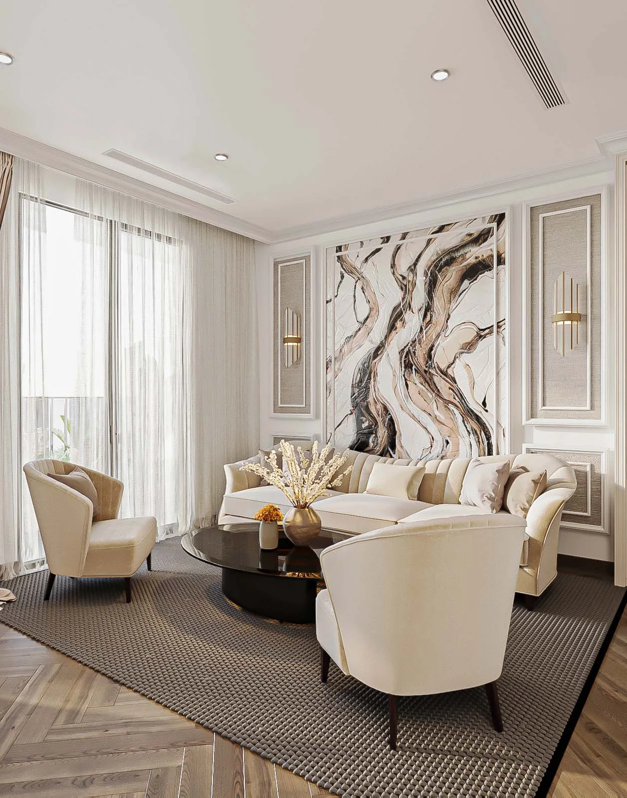 Sắp đặt quanh sofa
theo kích thước phòng