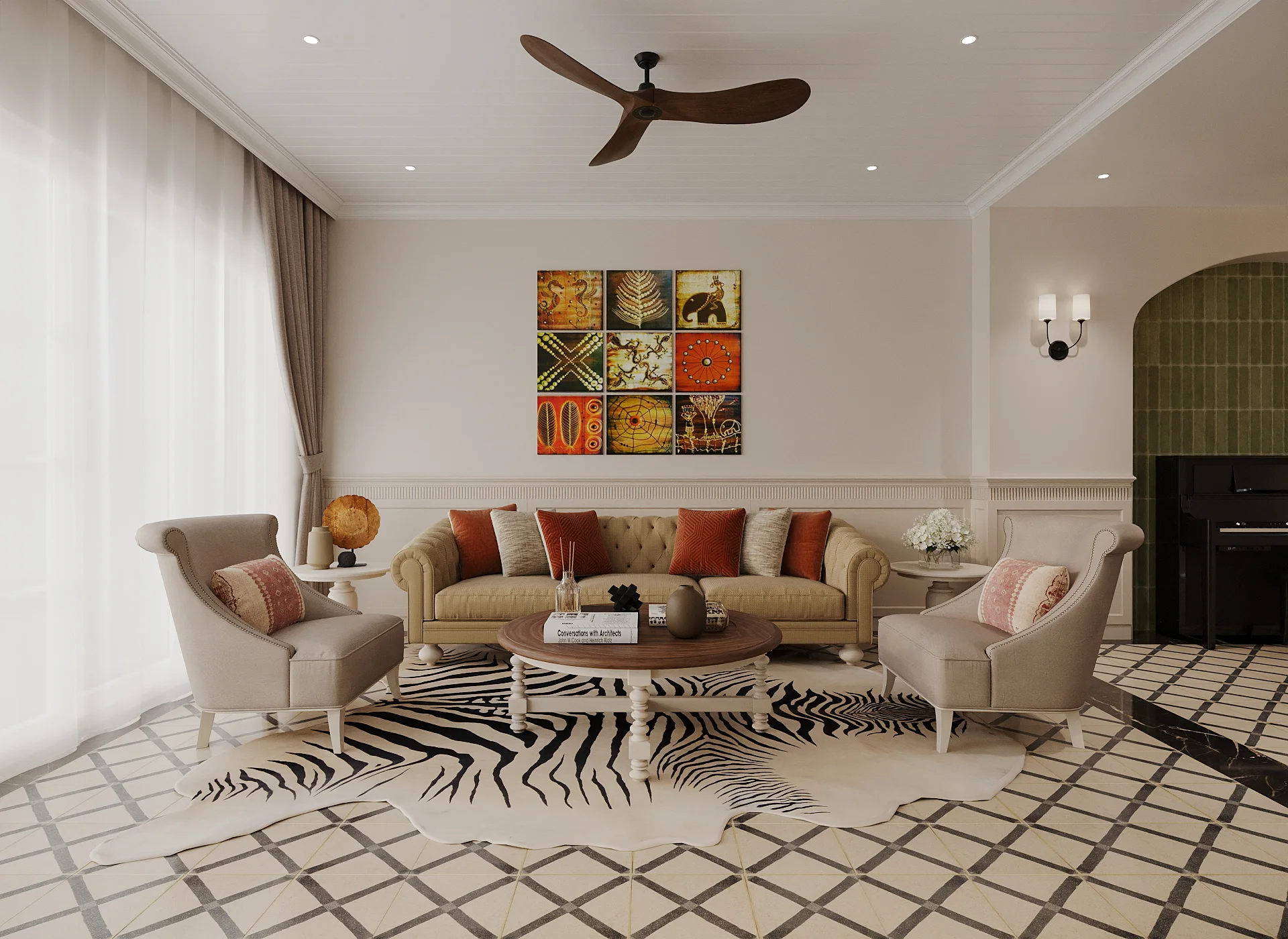 Sofa văng dài bên thảm họa tiết vằn